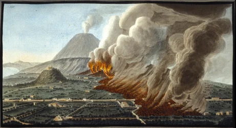 噴火するヴェスヴィオ火山。このガッシュはピエール・ファブリスが、ナポリの英国大使ウィリアム・ハミルトン卿の依頼を受けて制作したもので、Bibl.Braidense, Milan.