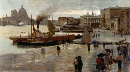 Riva degli Schiavoni (歩道)、Pietro Fragiacomo (1856-1922) 作、キャンバスに油彩、71x130 cm
