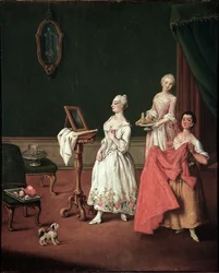 La toilette (The dressing session) ヴェネツィアの貴族が鏡の前で二人の召使の手伝いをしている様子 - Pietro Longhi (1701-1785) による絵画 1760 Dim 61x50 cm ヴェネツィア、カ・レッツォーニコ、n 131 イタリア