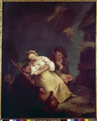 眠っている農業（La contadina addormentata） - ピエトロ・ロンギ（1702-1785）の絵画、油彩・カンヴァス、61x50cm、1750年頃の作品。ヴェネツィア、ケリーニ・スタンパリア財団