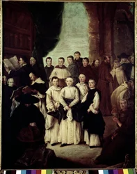 ヴェネツィアの友愛」（La frateria di Venezia）-ピエトロ・ロンギ（1702-1785）の絵画、油彩・キャンバス、61x49 cm
