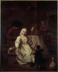 紡ぎ手 - ピエトロ・ロンギ（1702-1785）の絵画、油彩・キャンバス、69x49cm、1750年頃。ヴェネツィア、ケリーニ・スタンパリア財団