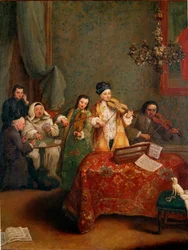 コンサート ヴァイオリニストのトリオ。ピエトロ・ロンギ（1702-1788）の絵画 18世紀 ヴェネツィア、アカデミア美術館