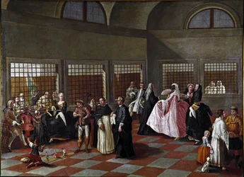 修道院の客間。ピエトロ・ロンギ（1702-1785）の周辺による絵画、1750年、寸法96 x 131 cm、カ・レッツォーニコ、ヴェネツィア