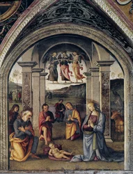 La nativite (Nativity) Pietro Vannucci dit il Perugino (Perugin) (1448-1523) 1498 Dim 264x225 cm Perugia Collegio del Cambioのフレスコ画。