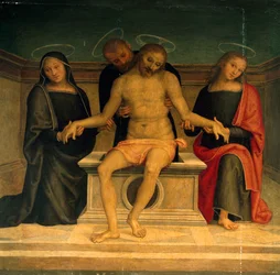 死せるキリストへの嘆き」ペルジーノ（約1450-1523）作、フレスコ画、ウンブリア州ペルージャのサン・ピエトロ大聖堂。イタリア