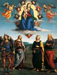 ピエトロ・ペルジーノ（約1450-1523）の「栄光の聖母」（約1500-1501）は、木に油彩、330x265cm。