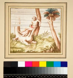 人間とワニのモザイク画のコピー（黒チョーク、一部はペンと茶色のインク、水彩で着色
