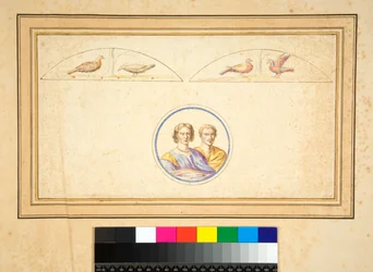 中央の円の中に夫と妻（胸像）（黒チョーク、一部はペンと茶色のインク、水彩で着色