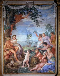 四つの時代の寓意、黄金時代。ピエトロ・ダ・コルトーナ（コルトーナの石）（1596-1669年）によるフレスコ画、1637年、サル・デュ・ポワル（スタンツァ・デッラ・ストゥーファ）、パラティーナ美術館、ピッティ宮殿、フィレンツェ
