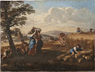 コルトーナ、ピエトロ・ダ（1596-1669）（ピエール・ド・コルトーネ）の「収穫のある風景」。キャンバスに油彩。寸法：50x65cm。ストックホルム国立博物館