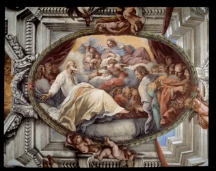 処女の出現後の聖フィリッポの回復 ピエトロ・ダ・コルトーナ（コルトーナのペーター）（1596-1669）による側近のフレスコ画 1652年 ローマ、サラ・ロッサ（赤い部屋） サンタ・マリア・イン・ヴァリチェッラ教会 イタリア