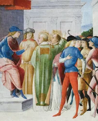 裁きの中でキリスト教の信仰を告白する二人の聖人 1485-90年頃 パネルにテンペラ