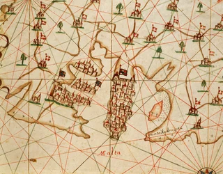 Placido Caloiro と Francesco Oliva による 6 つのチャートからなる Portolan Atlas からのマルタ島、羊皮紙。 1646年。