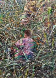 草原の中の子供、リグーリア州の4月の朝の詳細またはアルバロのオリーブ