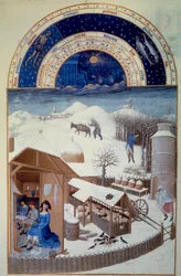 2月：雪 手前には羊小屋のある農場、農作業、木の伐採 - ポル・ド・リンブルフ（15世紀）の「ベリー公爵の非常に豊かな時間」のミニチュア。シャンティ、Musee Conde - 2月。雪（牧場の風景