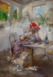 手紙（またはカフェの女）』par Mariani, Pompeo (1857-1927)。厚紙に油彩、サイズ：49x34