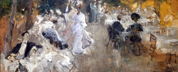 屋外のレストラン。ポンペオ・マリアーニによる絵画。