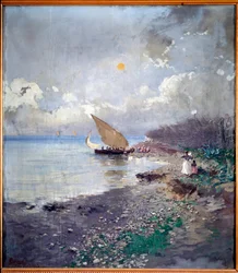 漁場からの帰還 ポンペオ・マリアーニ（1857-1927）の絵画 1898年 薄暗い 115x100 cm ゲネス近代美術館所蔵