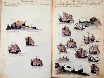 マニュエル1世（1469-1521）の下でのポルトガルの艦隊を表した原稿ページ「Memorials of the armadas of the King Manuel I (1469-1521)」。紀元前1523年 パリ