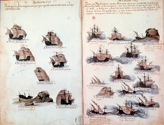 マニュエル1世（1469-1521）の下でのポルトガルの艦隊を表した原稿ページ「Memorials of the armadas of the King Manuel I (1469-1521)」。紀元前1523年 パリ