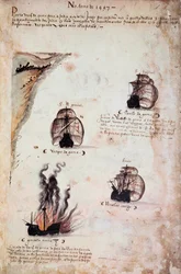 マニュエル1世（1469-1521）の下でのポルトガルの艦隊を表す「Memorials of the armadas of the King Manuel I（1469-1521）」の原稿ページ。B.N.1523年 パリ