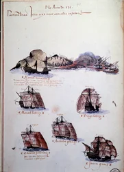 1497年のポルトガルの艦隊を表す「マヌエル1世（1469-1521）の下でのポルトガルの艦隊の記憶」という写本のページ。1500年リスボン、国立古代美術博物館