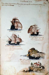 1497年のポルトガルの艦隊を表す「マヌエル1世（1469-1521）の下でのポルトガルの艦隊の記憶」という写本のページ。1500年リスボン、国立古代美術博物館