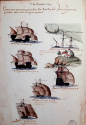 「国王マヌエル1世（1469-1521）治世下のポルトガル艦隊の記録」の写本ページ。1497年のポルトガル艦隊を描く。1500年。リスボン、国立古美術館。