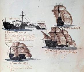 マヌエル1世（1469-1521）治世下のポルトガル艦隊の記録：ポルトガル艦隊のキャラベル船の表現。1497年の写本の細密画。リスボン、国立古美術館