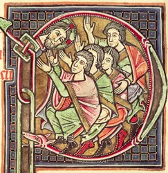 Ms 3088 fol.137r歴史に残る最初のP、聖書からのジョシュアの死を描いた、12〜13世紀