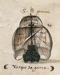 ヴァスコ・ダ・ガマのキャラベル船、『Memórias das Armadas...』からの挿絵、1568年頃