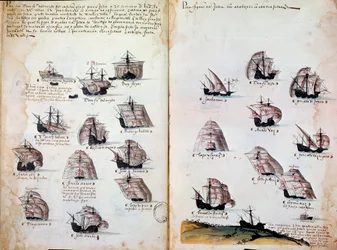軍艦。マヌエル1世（1469年～1521年）時代のポルトガルの軍隊の記憶。1505年の写本。パリBN