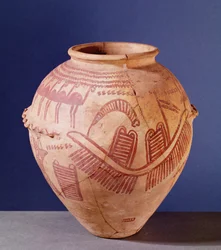 はしけに2つの神社を描いた花瓶、紀元前3500年頃（陶器）