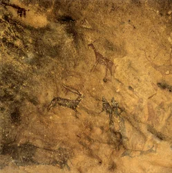 先史時代の男根舞踊、スペイン、カタルーニャ、リェイダ、エル・コグル、ムーア人の洞窟（絵画）
