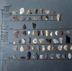 先史時代、ポンティニアーノ文化：ラツィオ州モシェリーニ洞窟出土の石と燧石（石器製作）。石器時代。後期旧石器時代。ローマ、ルイジ・ピゴリーニ国立先史民族博物館
