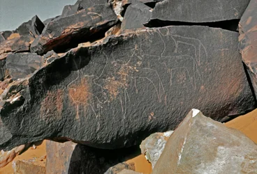 先史時代、ロックアート：牛の表現の墓石。Tazinaスタイル。石器時代紀元前5000-2000年。アルジェリア、ホッグガル高原（アハガル）、タギット