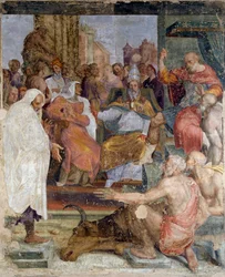 教皇シルベスターと皇帝コンスタンティヌスの物語、プロスペロ・フォンタナ（1512-1597）作、フレスコ画、ホール、パラッツィーナ・デッラ・ヴィオラ、ボローニャ、エミリア＝ロマーニャ州、イタリア