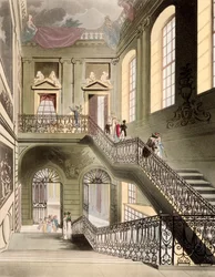 大英博物館のホールと階段、『ロンドンの小宇宙』より、R・アッカーマン刊、1808年