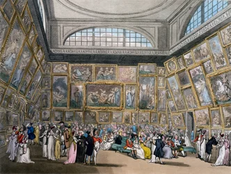 ロンドンアッカーマンの「芸術の貯蔵庫」、1809年、サマセットハウスの展示室（着色されたアクアチント）