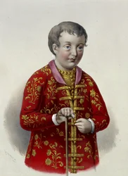 ロシアの大公シメオン アレクセイエビッチ (1665-1669) (ロシアのツァレビッチ シメオン アレクセイエビッチ)。 ピョートル フョードロヴィッチ ボレル (1829-1898) の作品、1860 年頃のリトグラフ。19 世紀のロシア美術、新古典主義。 ロシア国立図書館、モスクワ。