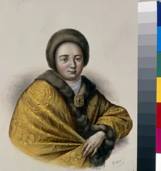 ツァリナ ナタリア ナリシキナ (ナリチキナ) (ナタリー ナリチキネ) (1651-1694)、ロシア皇帝アレクシス 1 世 (1629-1676) の妻の肖像。 ピョートル フョードロヴィッチ ボレル (1829-1898) の作品、リトグラフ、1860 年頃。ロシア美術