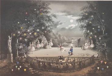 1851年にペテルゴフ公園にあるピンクパビリオンでのC.プニーによるバレエナイアッドとフィッシャーマン。