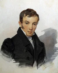 Vasily Joukovski (1783-1852)、ロシアの詩人の肖像 (詩人の Vasily Zhukovsky の肖像)。 Piotr (Pyotr) Fiodorovitch Sokolov (Peter Sokolov) (1791-1848) の作品、1820 年頃。紙に水彩。 サンクトペテルブルク、美術館 A. プーシキン記念美術館