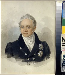 チャールズ ロベルト デ ネッセルローデ伯爵 (カール ロベルト フォン ネッセルローデ) の肖像 (1780-1862)。 (K.R. ネッセルローデ伯爵の肖像)。 ピョートル (ピョートル) フョードロヴィチ ソコロフ (ピエール ソコロフ) (1791-1848) の作品、紙に水彩、1829 年以降。ロシア美術 19 世紀