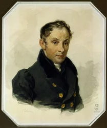 詩人ヴァシリー・ジュコフスキー (1783-1852) の肖像 (ヴァシリー・ジュコフスキー) - ピョートル・フョードロヴィチ・ソコロフ (1791-1848) の作品 紙に水彩 (17x14 cm)、1820 年頃 - A. プーシキン記念博物館、サンクトペテルブルク (ロシア)