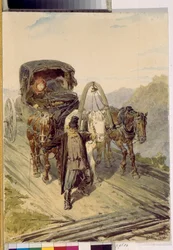 トロイカ (3 頭の馬が引くロシアの馬車)。 ピョートル (ピョートル) ペトロヴィッチ ソコロフ (1821-1899) の作品、紙に水彩