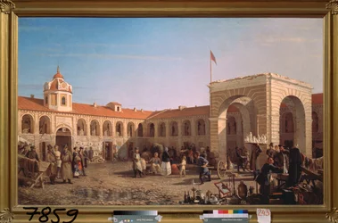 サンクトペテルブルクのアプラクシン市場 - Pyotr Petrovich Vereshchagin (Piotr Vereshchagin) (1836-1886) による絵画、キャンバスに油彩