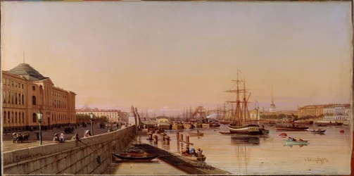 サンクトペテルブルクの芸術アカデミー近くのネヴァ川堤防での夏の夜。 Pyotr Petrovich Vereschagin (Vereshchagin、Vereshchagin) (1836-1886) による絵画、キャンバスに油彩、1870 年頃。 ロシア美術