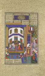 ミフラーブはシンドゥクトに怒りをぶつけ、フォリオ 83v from the Shahnam Book of Kings..., c1525-30